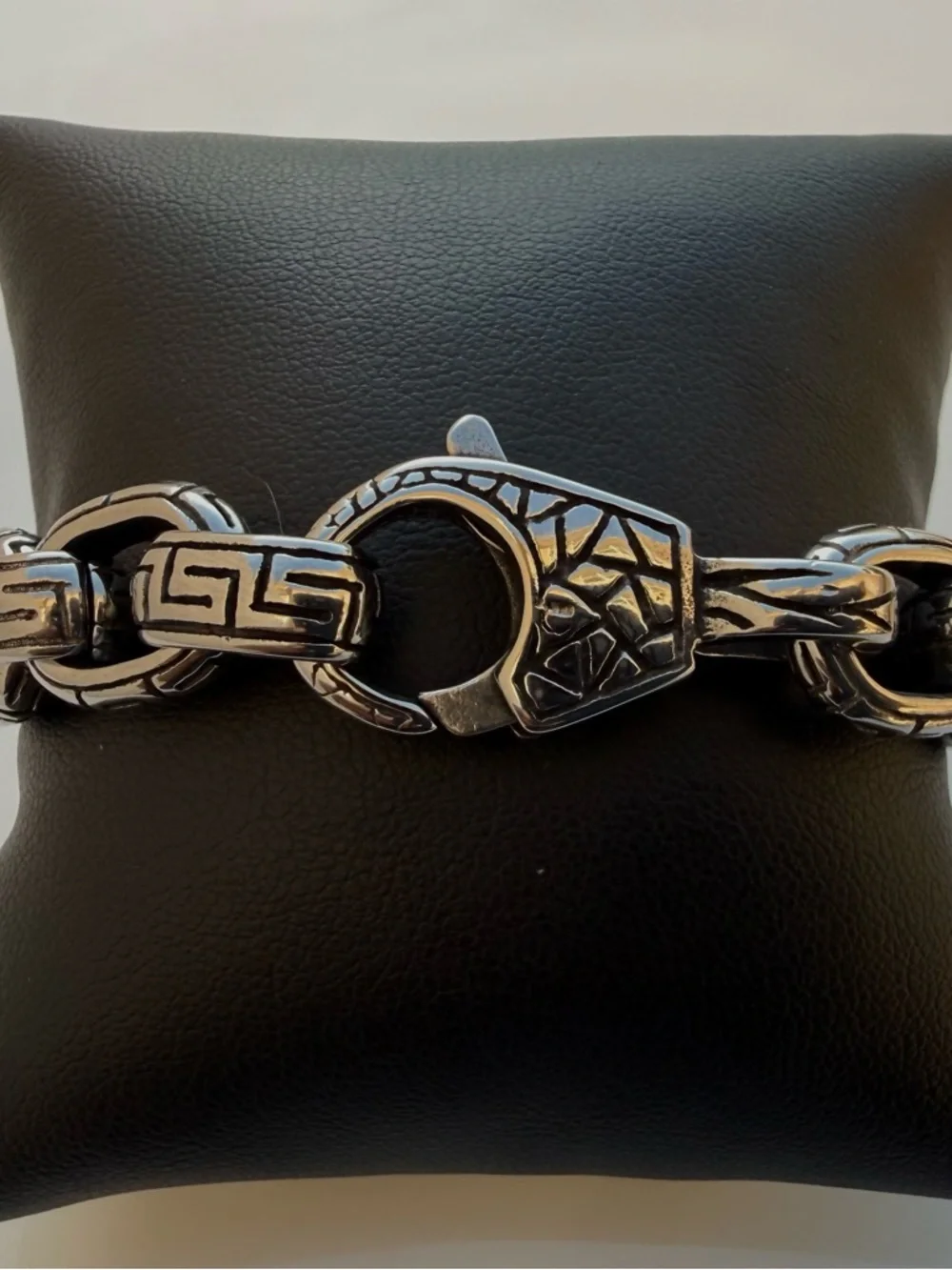 Men's Silver Link Bracelet with Greek Key Detailing